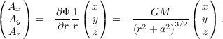 ( Ax )         ( x )               ( x)
( Ay ) = - ∂Φ-1( y ) = - ---GM-----( y) .
  Az       ∂r r  z       (r2 +a2)3∕2  z
